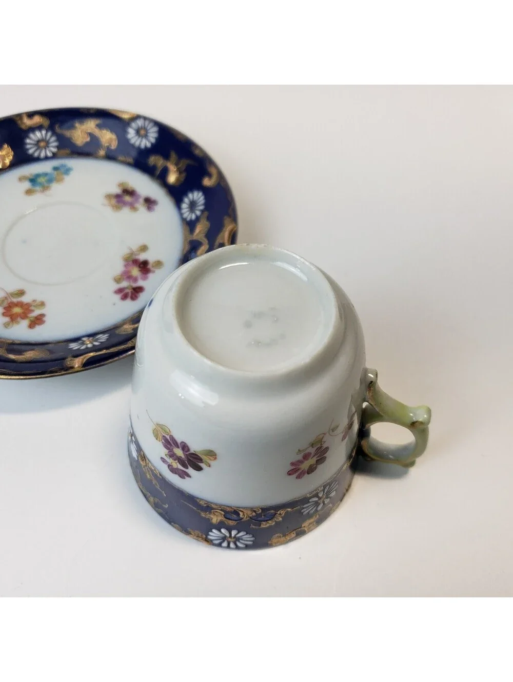 Vintage Porcelain Demitasse Teacup & Saucer  Moriage Cobalt Blue HP Floral Japan
